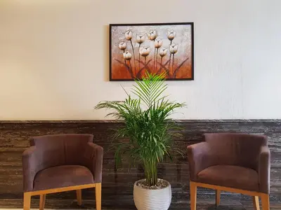 two chairs in a waiting room with a plant at Gloria Hotel Amman in Amman