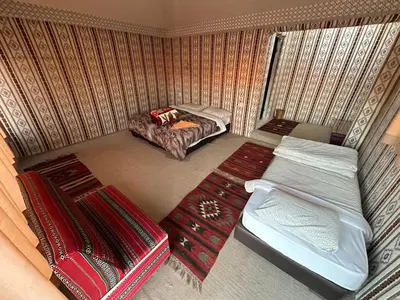 an overhead view of a bedroom with two beds at Wadi rum Bedouin Experience in Wadi Rum