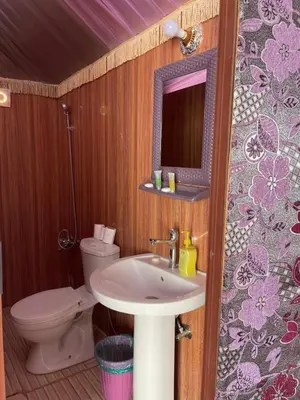 a bathroom with a sink and a toilet and a mirror at Discover the life of Wadi Rum camp in Wadi Rum