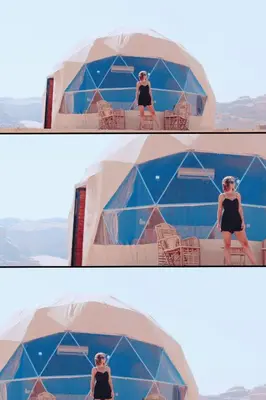 two pictures of a woman sitting in a tent at Rum warm bubble camp in Wadi Rum