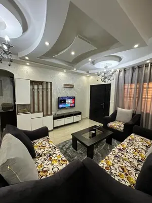 a living room with two couches and a tv at Amro Petra Apartment in Wadi Musa