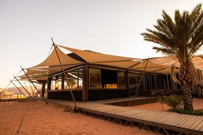 a tent in the middle of a desert with a palm tree at Palmera Camp Wadi Rum in Wadi Rum