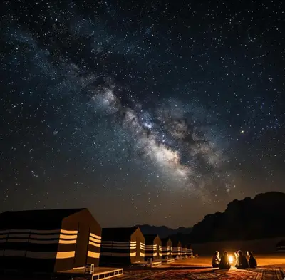 a starry night with the milky way and a group of tents at One Thousand and One Nights Camp in Wadi Rum