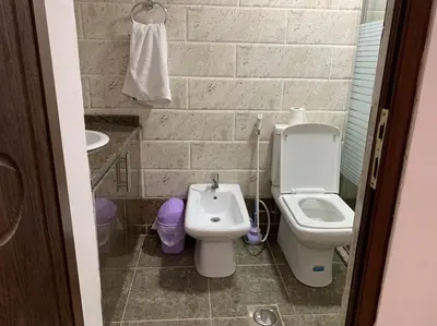 a bathroom with a toilet and a sink at Gedara Guesthouse: enjoy unforgettable scenes in Um Qeis