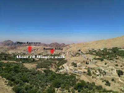 an aerial view of a town in the mountains at Nonna Aisha B&B in Wadi Musa