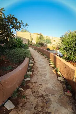 a stone path in a garden with bushes and trees at Sultana Farm - Private Pool Villa near Amman in Bayyūḑah