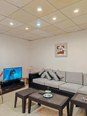 a living room with a couch and a flat screen tv at Cleopetra Hotel in Wadi Musa