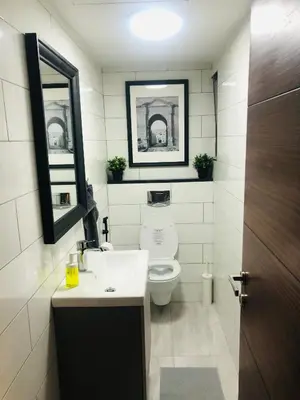 a bathroom with a toilet and a sink and a mirror at Luxury Apartment in Awesome Location in Amman in Amman