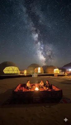 a group of people sitting around a fire at night at Rehana rum luxury camp in Wadi Rum