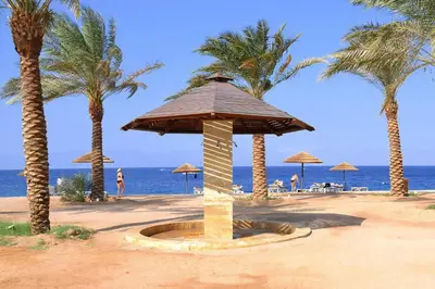 a fountain on the beach with palm trees and the ocean at Only FAMILIES - Tala Bay Resort Aqaba - Seafront one bedroom apartment in Aqaba