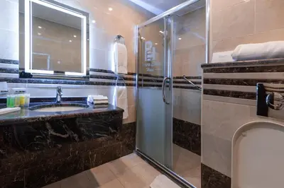 a bathroom with a shower and a sink at Petra Elite Hotel in Wadi Musa