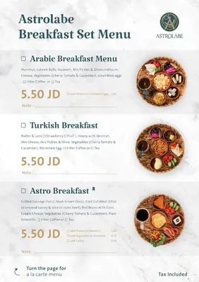 a menu for a breakfast set menu with three different types of food at Amazing Studio in DAMAC in Amman