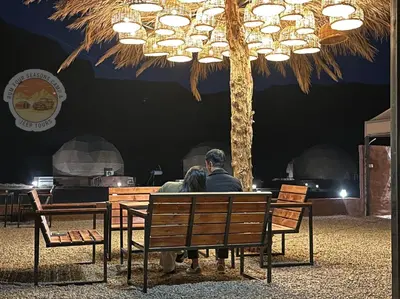 two people sitting on a bench under a palm tree at Rum Four Seasons luxury Camp & Jeep Tours in Wadi Rum