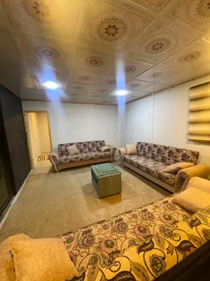 a living room with two couches and a rug at Wadi Al-Hassa camp in Khawkhah
