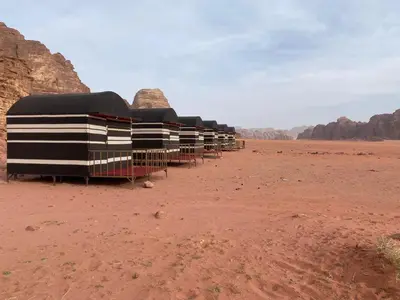 a row of buses parked in the desert at Wadi Rum Odyssey Camp in Wadi Rum