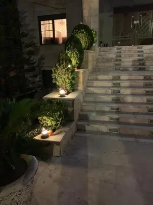 a set of concrete stairs with lights and plants at Charming House in Amman + Balcony in Amman