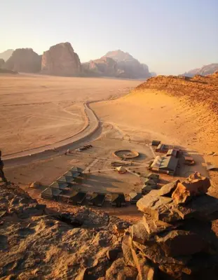 an aerial view of a compound in the desert at Bedouin Desert Life Camp & Jeep Tours in Wadi Rum