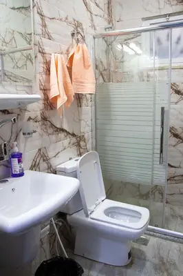 a bathroom with a toilet and a sink and a shower at Blue House in Aqaba