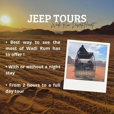 a picture of a jeep tour in the desert at Wadi Rum Desert Heart Camp in Wadi Rum