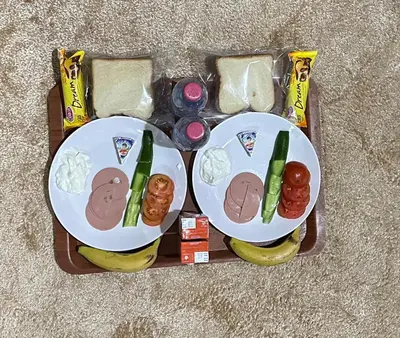two plates of food on a tray with vegetables at Hustle's look in Wadi Musa