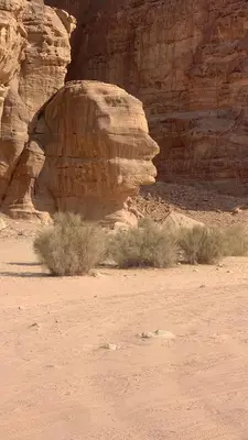 a rock formation in the middle of the desert at Rum Awaad luxury camp in Wadi Rum