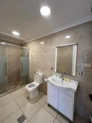 a bathroom with a toilet and a sink and a shower at 7 Days Hotel in Umm Uthainah