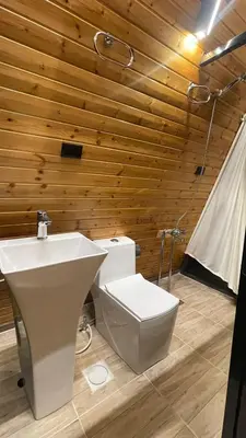 a bathroom with a toilet and a sink in a wooden wall at The royal cottage Amman in Al Qasţal