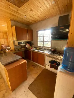 a kitchen with wooden cabinets and a stove top oven at Oak Farm مزرعة الملّول in Ajloun