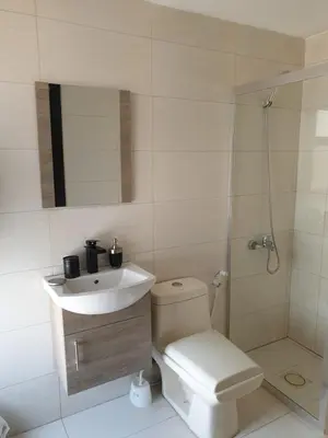 a bathroom with a toilet and a sink and a shower at Deir Ghbar-Studio in Amman