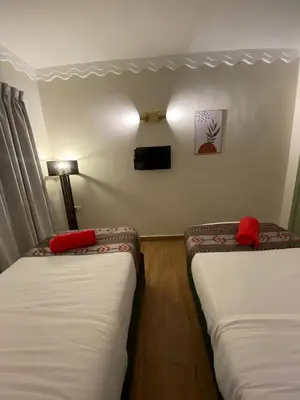 two beds in a small room with red pillows at Sandra Hotel in Amman
