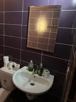 a bathroom with a sink and a mirror and a toilet at Rum Luxury Camp in Wadi Rum