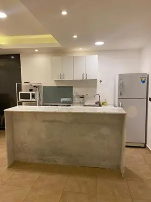 a kitchen with a counter and a refrigerator at The view II in Amman
