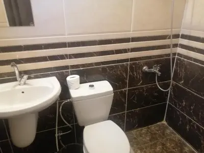 a bathroom with a toilet and a sink at The Stunning View in Wadi Musa