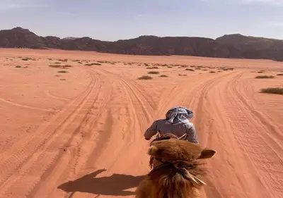 a person riding a camel in the desert at Wadi rum stay in Wadi Rum