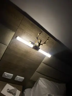 a light hanging from the ceiling of a bedroom at Petra Oleander Hotel in Wadi Musa