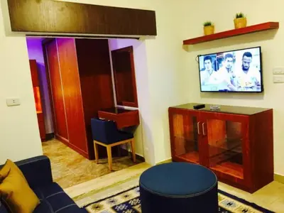 a living room with a couch and a tv at The Royal Luxury Lion Patio in Amman
