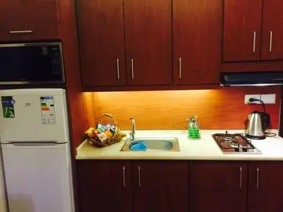a kitchen with a sink and a refrigerator at The Royal Luxury Tiger Patio in Amman