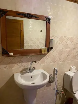 a bathroom with a sink and a mirror and a toilet at Scoop Rum in Wadi Rum