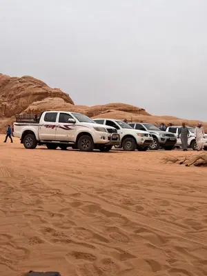 a row of trucks parked in the desert at Al-Shakriya Village Camp in Wadi Rum