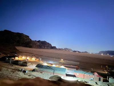 an aerial view of an airport at night at Rayyan Bedouin life camp in Wadi Rum