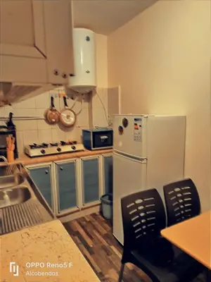 a kitchen with a refrigerator and a counter top at Plaza de petra in Wadi Musa