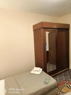 a bedroom with a bed and a cabinet with a mirror at Plaza de petra in Wadi Musa
