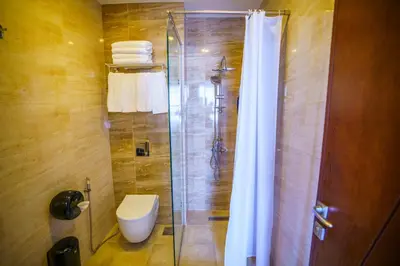 a bathroom with a shower with a toilet and a shower curtain at Petra Icon Hotel in Wadi Musa