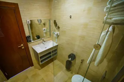 a bathroom with a sink and a shower at Petra Icon Hotel in Wadi Musa