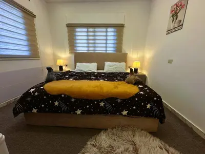 a bedroom with a bed with a comforter with stars on it at Jerash City View in Jerash