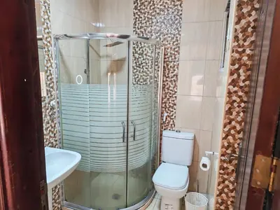 a bathroom with a shower and a toilet and a sink at Furnished apartment for rent In Abdoun شقة مفروشة للايجار في عبدون in Amman