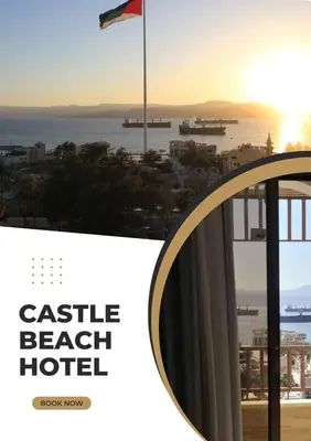 a picture of a hotel with a flag and the words castle beach hotel at Castle beach hotel in Aqaba